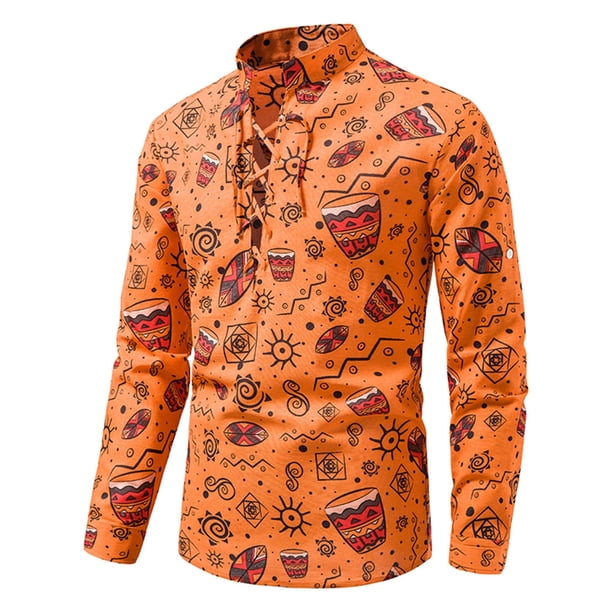Camisa de lino de algodón de moda casual para hombres Top de cuello en V étnico con estampado de manga larga Pompotops oipoqjl53161