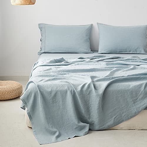 Simple&Opulence 100% Linen Sheet Set with Embroidery Washed - 3 Pieces (1 Flat Sheet & 1 Fitted Sheet & 1 Pillowcase) Natural Flax Soft Bedding Breath