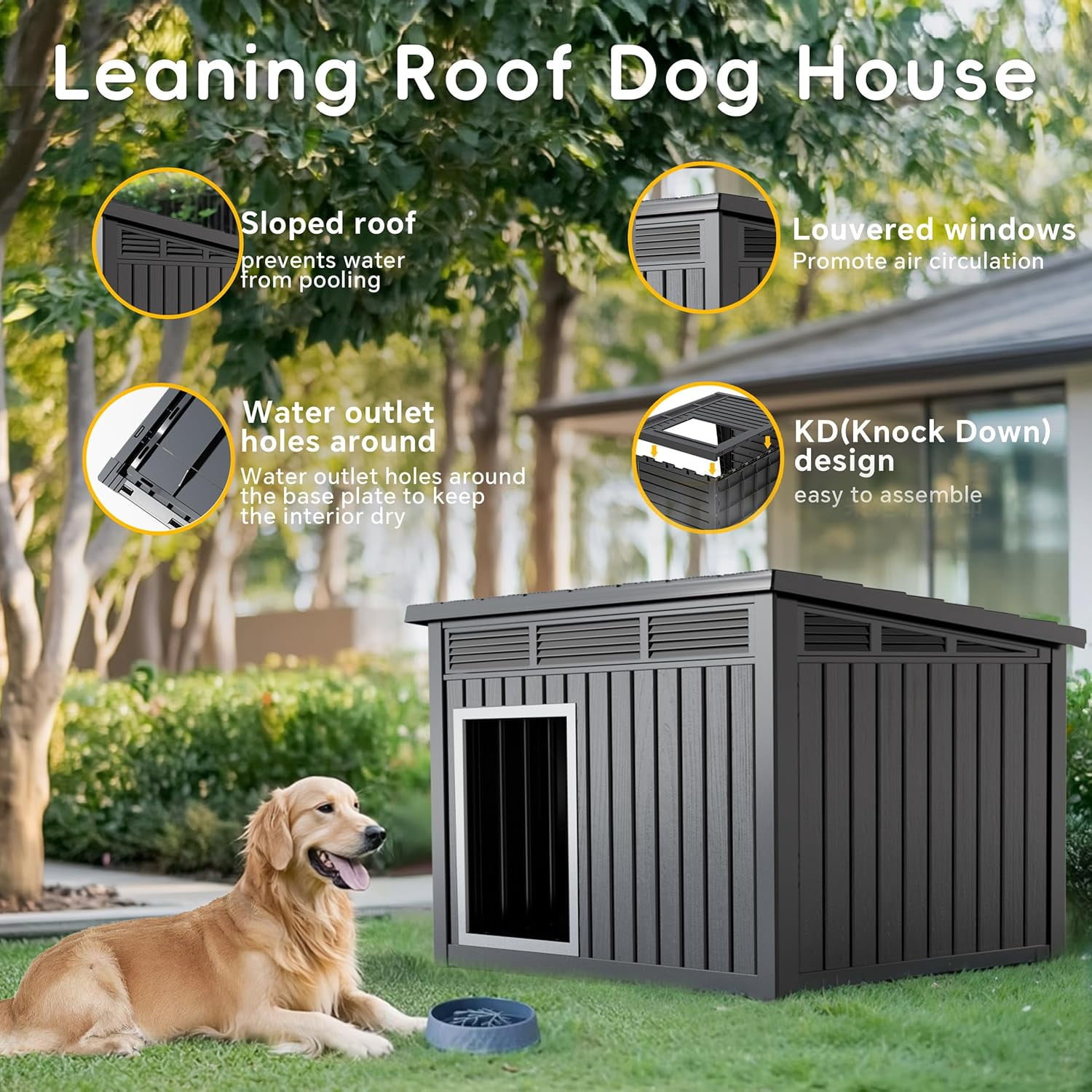 OFFIGAM Weatherproof Dog House Black Indoor Outdoor Medium Large with Air Rod Roof 32.2x25.12x24.13in