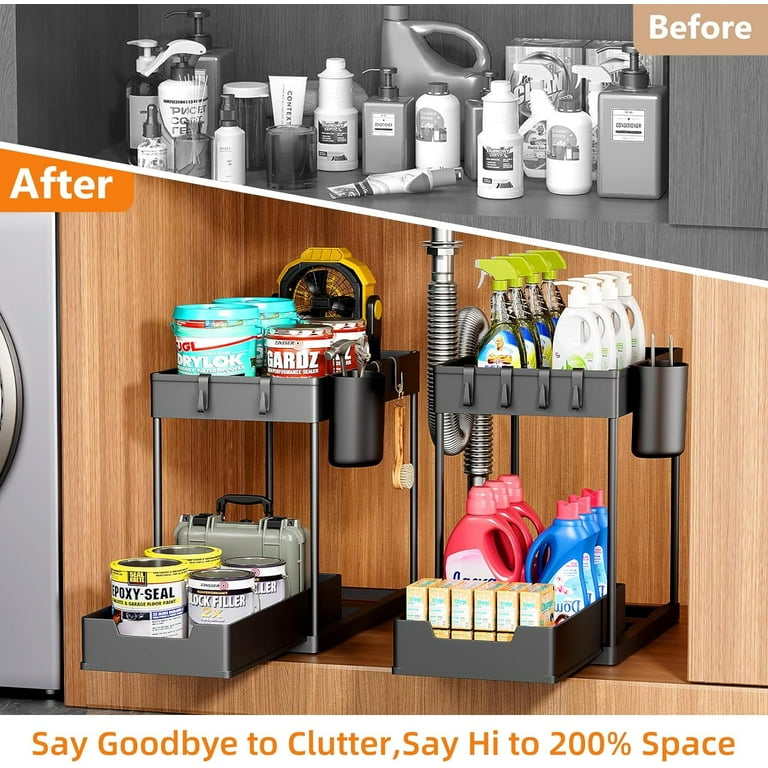 Under Sink Organizers And Storage, 2 Tier Sliding Under Bathroom Cabinet  Organizer With 4 Hooks 1 Hanging Cup Multi-use