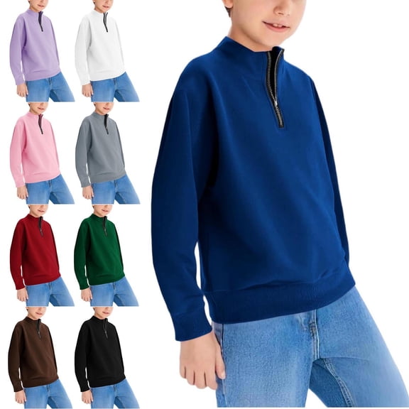Teylalorva Boys Sweatshirt Half Zip Lapel Collar Long Sleeve Casual Solid Pullover Top Blue Size 7