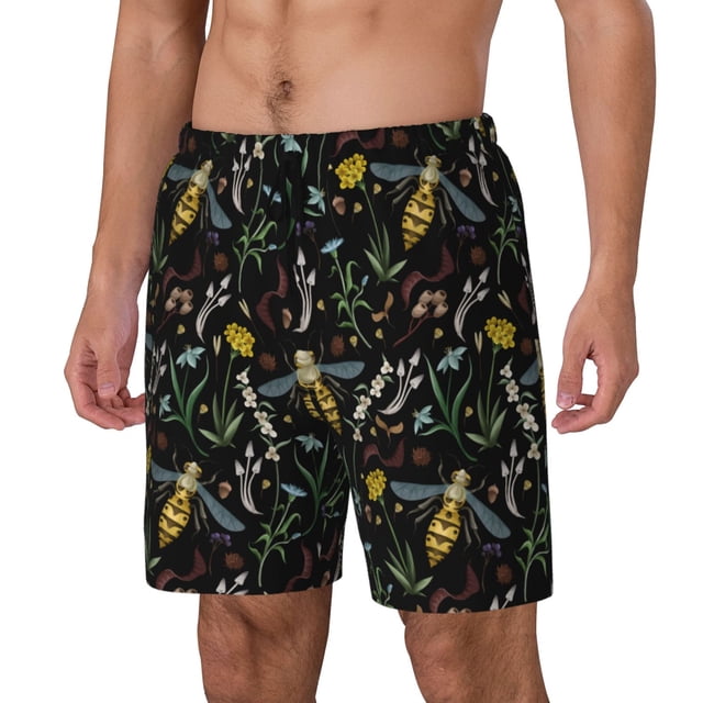 Kdxio Wasp and Florals Print Mens Swim Shorts with Mesh Lining, Breathable and Quick-Drying, Adjustable Waist, Privacy Pocket-Medium
