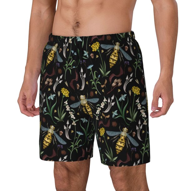 Balery Wasp and Florals Bañador para hombre, shorts de playa de secado rápido con entrepierna y forro de compresión-Small