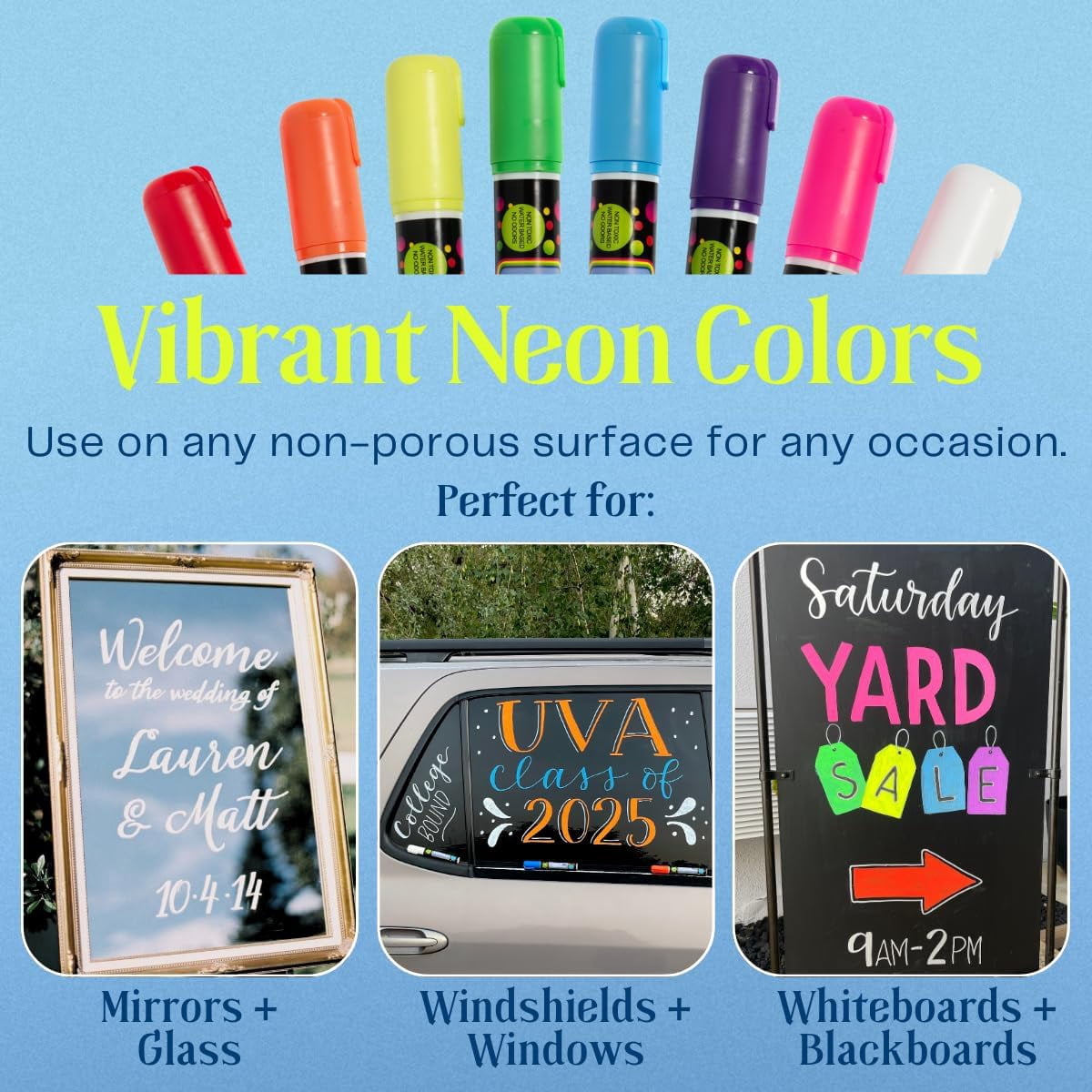MoodClue Car Window, Glass Marker Pens. Bold Liquid Chalk for Auto Windshields, Mirrors, White + LED Boards. Washable, Erasable. Neon 8pk. 10mm Jumbo Tip - 3 Writing Options.
