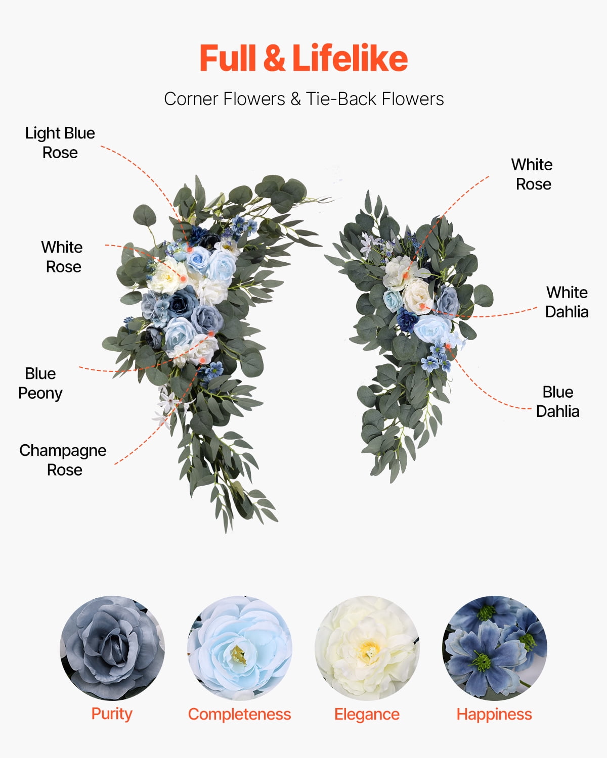 VEVOR Artificial Wedding Arch Flowers Kit, Blue Wedding Arch Flowers with Drapes Kit (Pack of 4) - 2 Pcs Floral Arrangement, 2 Pcs Sheer Drapes, for Ceremony Bouquets Reception Backdrop Decoration