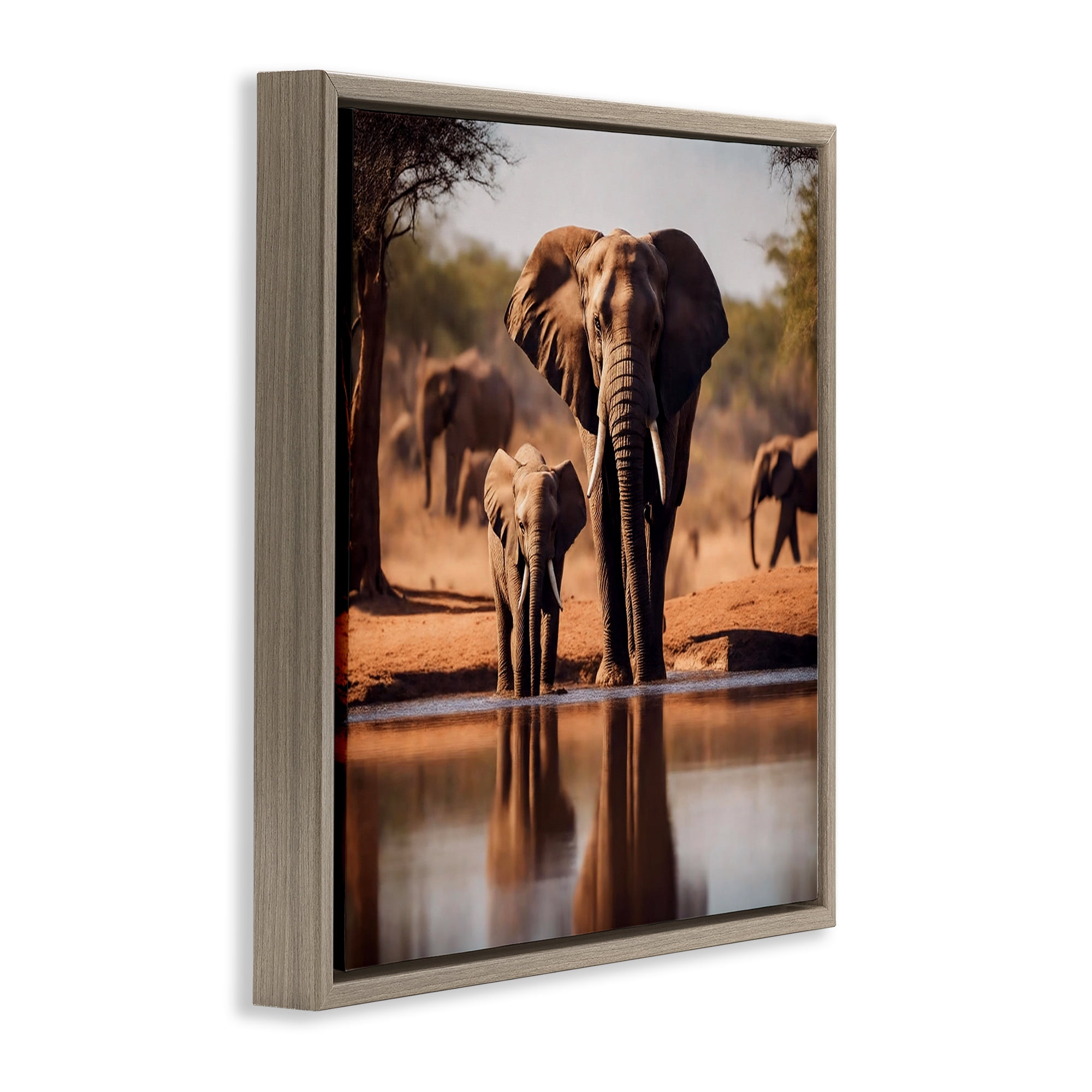 Stupell Industries Elephant & Calf at Waterhole Animals Photography Brown Floater Framed Canvas Art Print Wall Art, 18 x 18