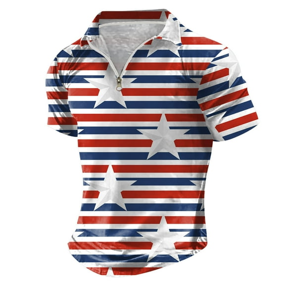 PMUYBHF Mens White Dress Shirt Big and Tall Stretch Men's Short Sleeve Independence Day Prints Zip up Lapel T Shirt Summer Casual Holiday Shirts Tops Custom T Shirts for Men