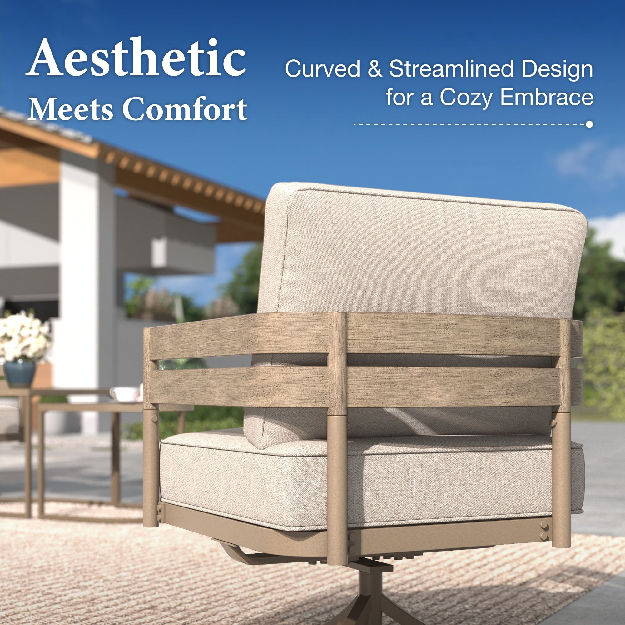 Summit Living 5-Piece Metal Outdoor Patio Furniture Set with Swivel Chairs, Wood-Grain Outdoor Patio Conversation Set for 5 People, Modern Curved Back Sofa Set