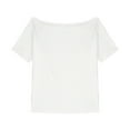 thumbnail image 2 of Luxalzxs Off The Shoulder Tops for Women Short Sleeve Boat Neck Loose Fit Casual Going Out Tops Summer Solid Color Comfy Basic Top One Shoulder Shirts, 2 of 3