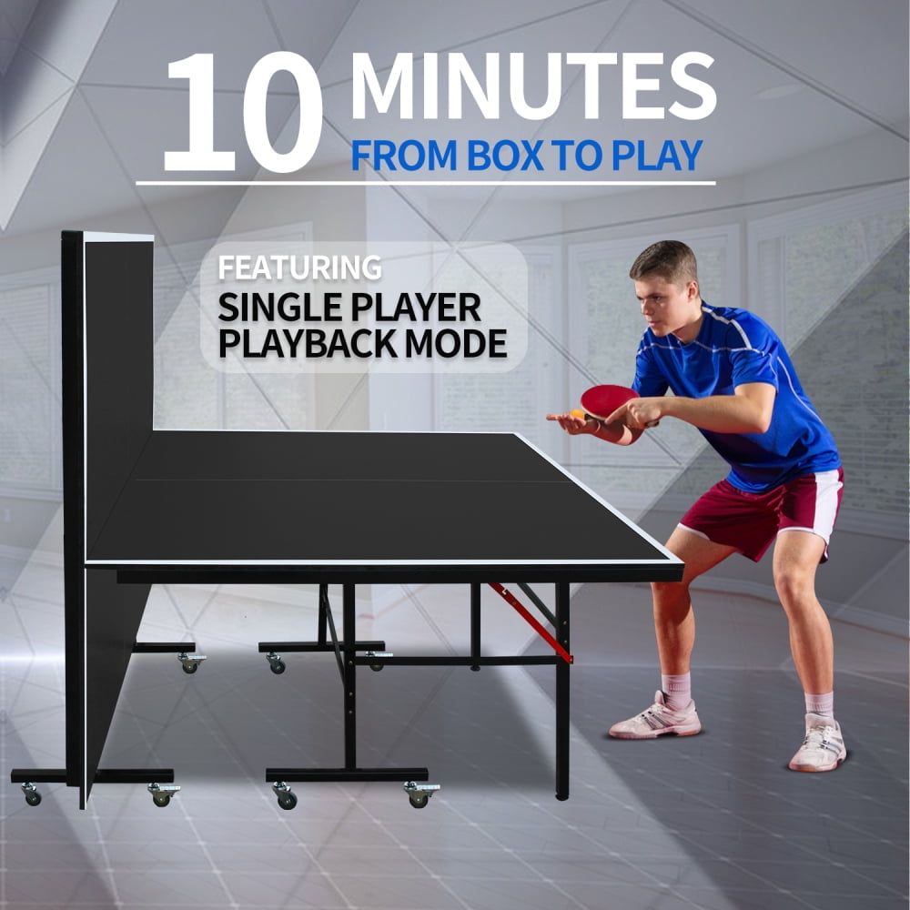 8ft Black Mid-Size Table Tennis Table Foldable & Portable Ping Pong Table Set for Indoor Games with Net, 2 Table Tennis Paddles and 3 Balls