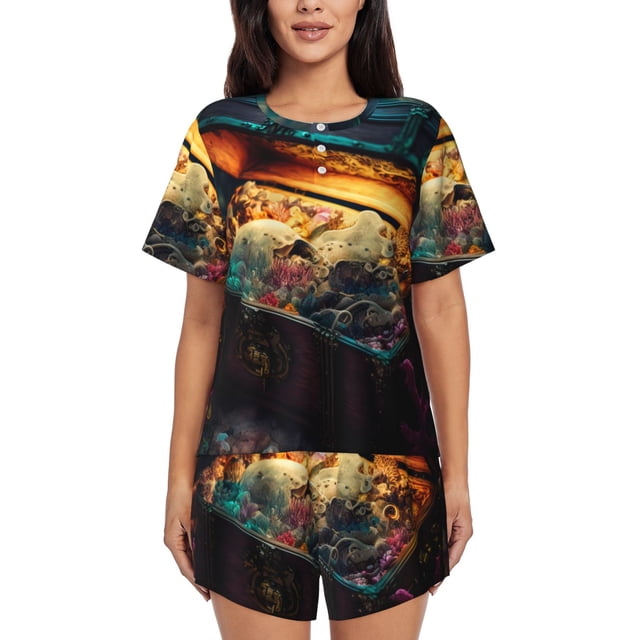 Fotbe Underwater Treasure Chest Conjunto de Pijama Estampado para Mujer, 2 Piezas, Ropa de Dormir con Camiseta de Manga Corta y Shorts Suaves-4X-Large