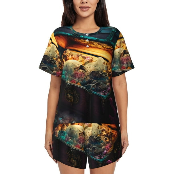 Fotbe Underwater Treasure Chest Conjunto de Pijama Estampado para Mujer, 2 Piezas, Ropa de Dormir con Camiseta de Manga Corta y Shorts Suaves-3X-Large