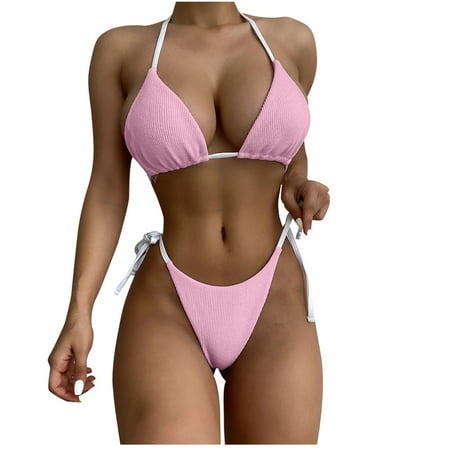 

VKEKIEO Two-Piece Sets Swimsuit Sport Bra Style Padded Pink S