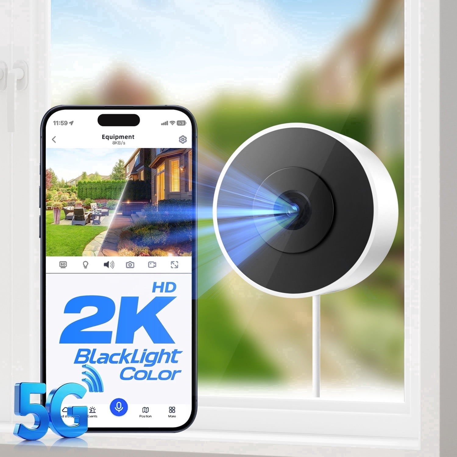GBIUT Window Camera, 2.4G&5G WIFI Smart Security Camera, 2K Home Security Camera for Indoor Outdoor, Blacklight Full-Color, US Cloud, 911 Emergency Dispatch, Easy & Quick Install