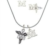 Caduceus - DDS - M Initial Charm Necklace and Stud Earrings Jewelry Set