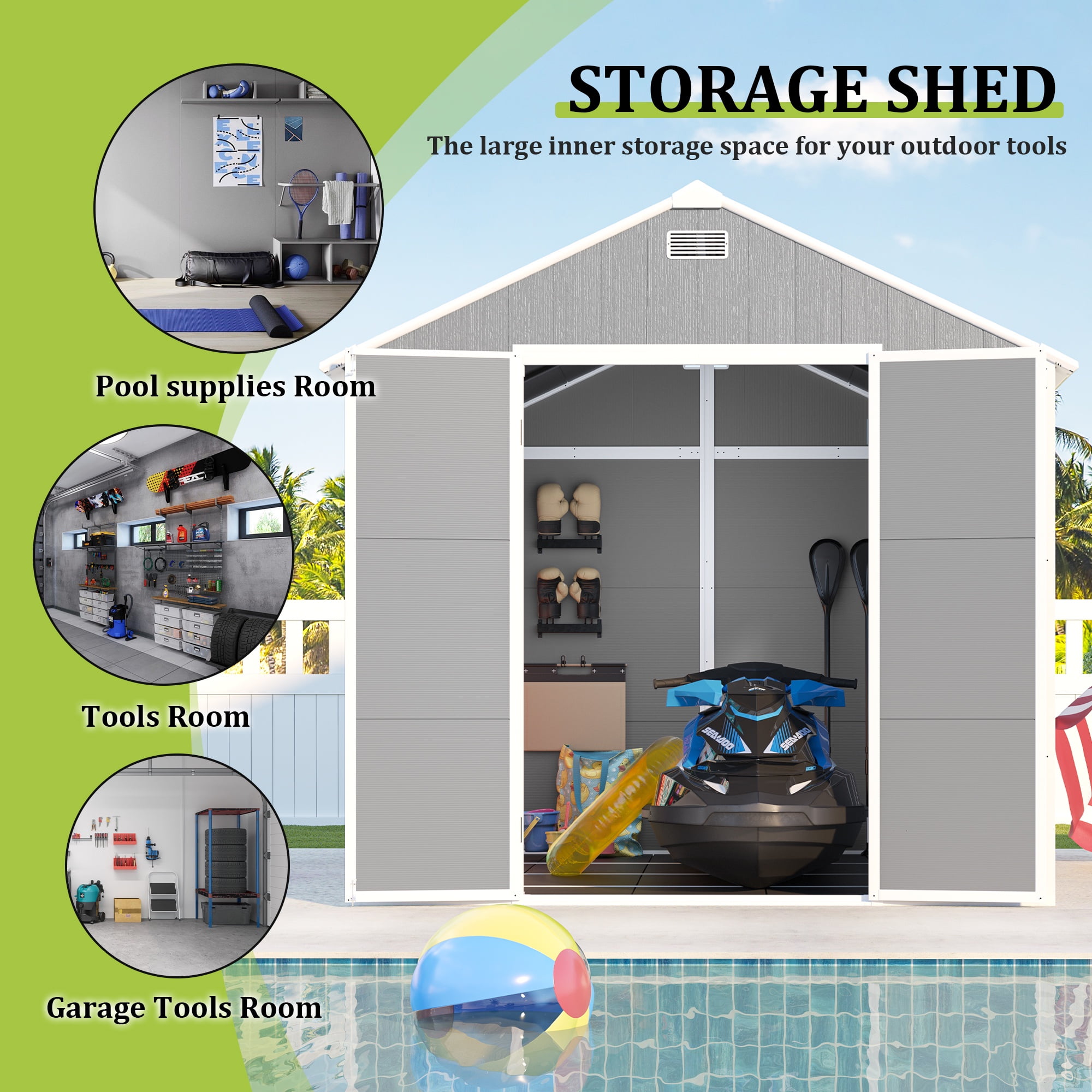 7.5x10.3FT Outdoor Shed, Extra Large Storage Shed Resin, Outside Storage for Garden Backyard, Double Doors, Double Windows, PP Splicing Floor, Heavy-duty Frame