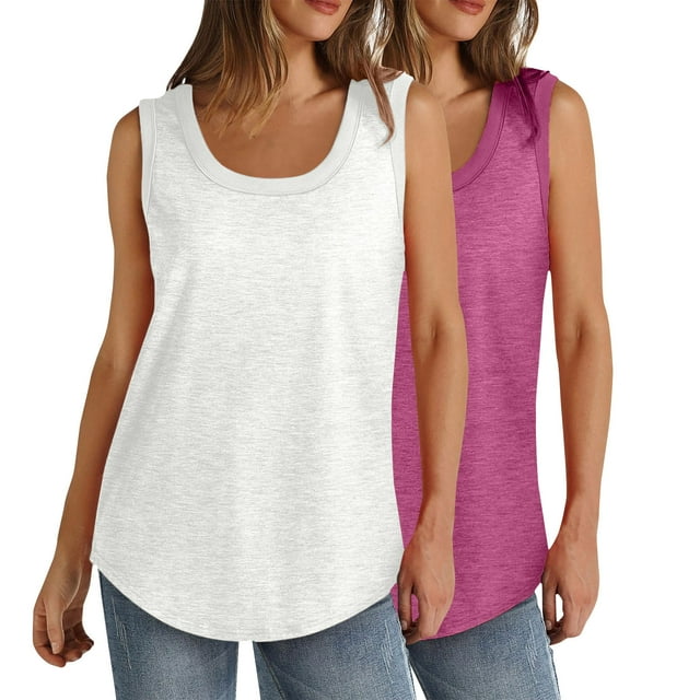 Timegard 2pc Plus Size Tank Tops for Women Round Neck Sleeveless Basic Tshirts Casual Loose Comfy Tops