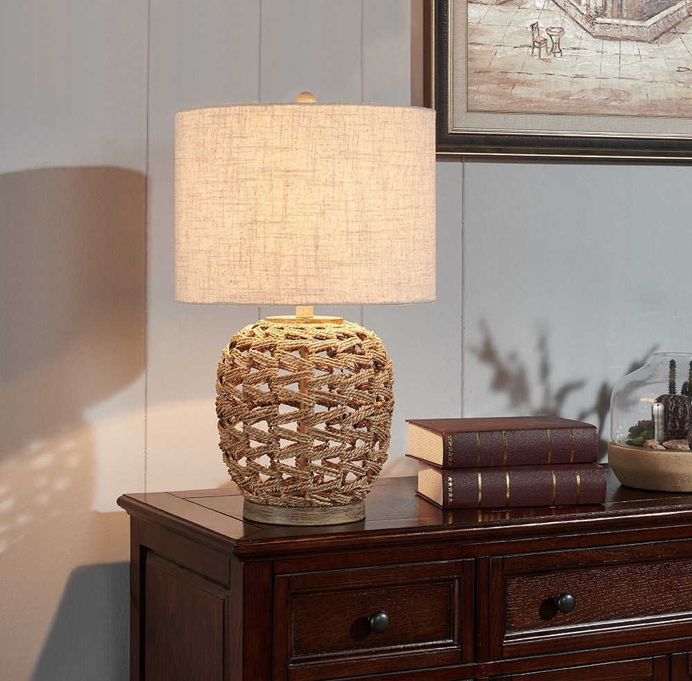 IDS Home Table Desk Lamp With Natural Rattan Round And Antique Wood