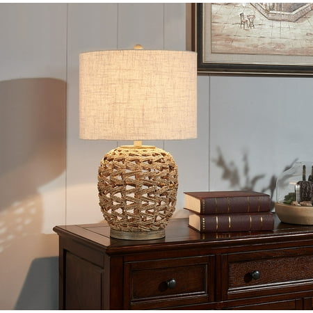 IDS Home Table Desk Lamp With Natural Rattan Round And Antique Wood Base With Linen Shade For Bedroom and Living