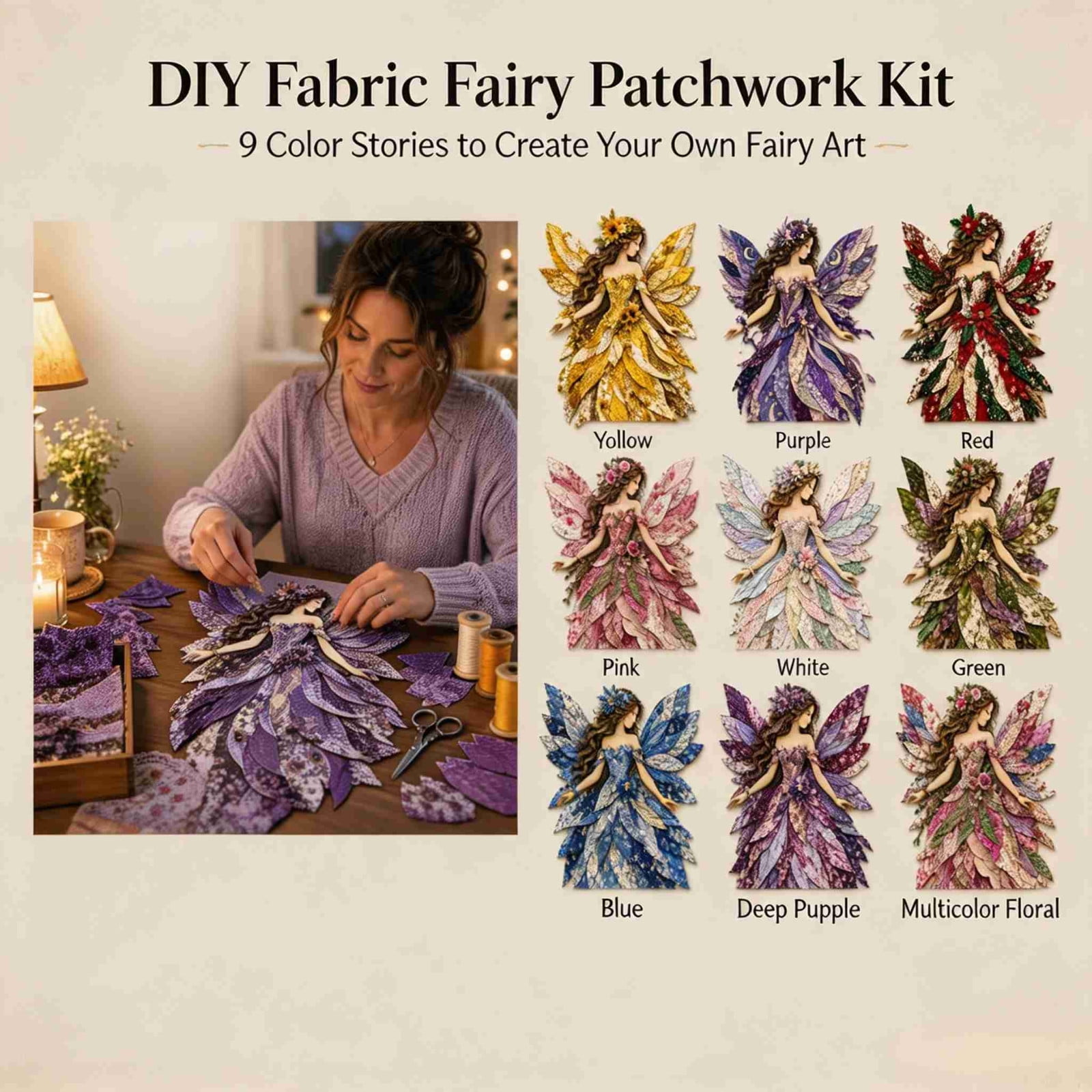 LOWLHOME Fairy Patchwork DIY Kit Fun Flower Fairies Patchwork Sewing Kit Patchwork Set with Fabric Handmade Decor Gift for Christmas and Halloween