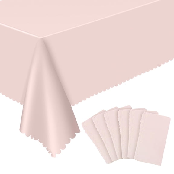 Party tablecloth 6 pack, pink scalloped disposable plastic table covers 54x108 inch, rectangle table cloth for wedding shower birthday picnic, pink