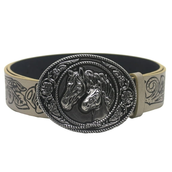 Western PU Leathers Cowboy Buckle Belt for Men and Women Jeans Engraved Vintage Metal Buckle Belt