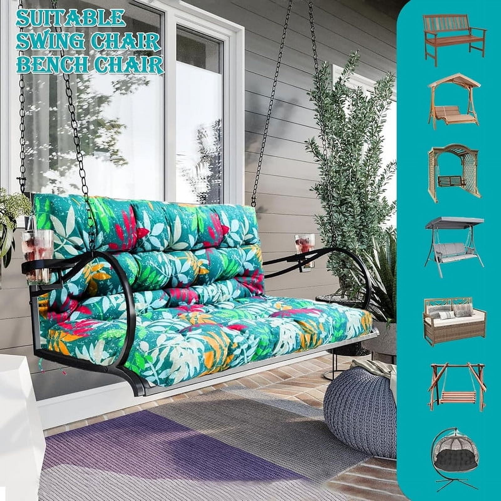 Replacement Cushions for Swing, Waterproof Porch Swing Cushion, 2-3 Seat Outdoor Bench Cushion with Backrest for Patio Furniture Garden Porch Loveseat Glider Pad (Green Flower 60*40in)