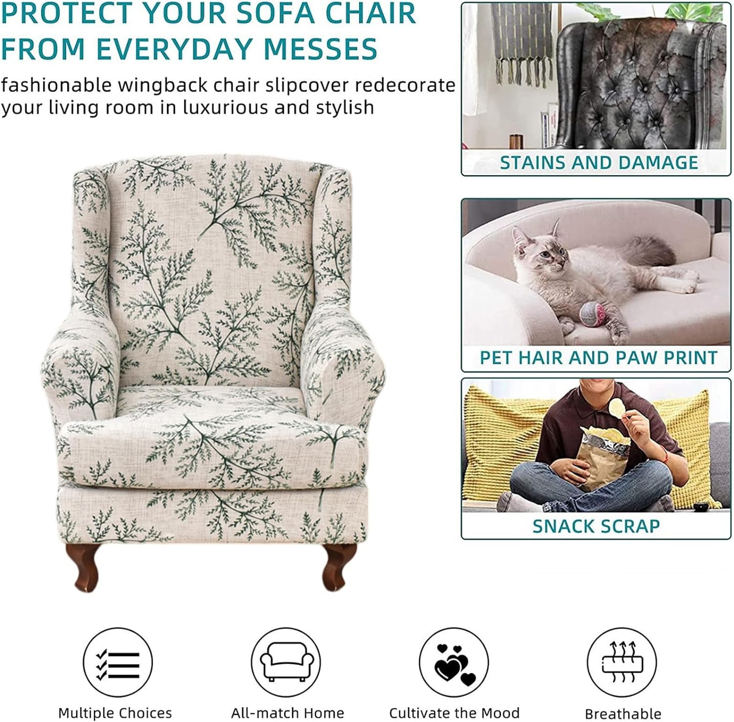 CHUNTIAN Wingback Chair Covers Slipcovers 2 Piece Stretch Wing Chair Covers Spandex Slipcovers Wingback Sofa Covers Armchair Covers Non-Slip Furniture Protector for Living Room Wingback Chairs, A13
