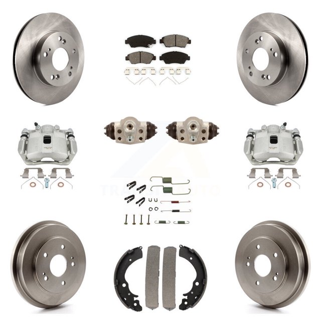 Transit Auto Front Rear Disc Brake Caliper Rotors Drums Semi-Metallic Pads Shoes Wheel Cylinders and Hardware Kit (11Pc) for Car Honda Civic KC8-100900S