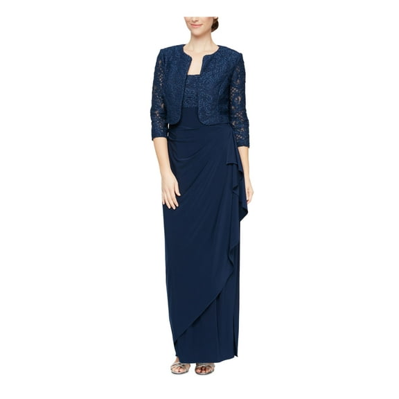 ALEX EVENINGS Womens Navy Zippered Lined Open Front Jacket Floral Sleeveless Scoop Neck Full-Length Wear To Work Sheath Dress 8