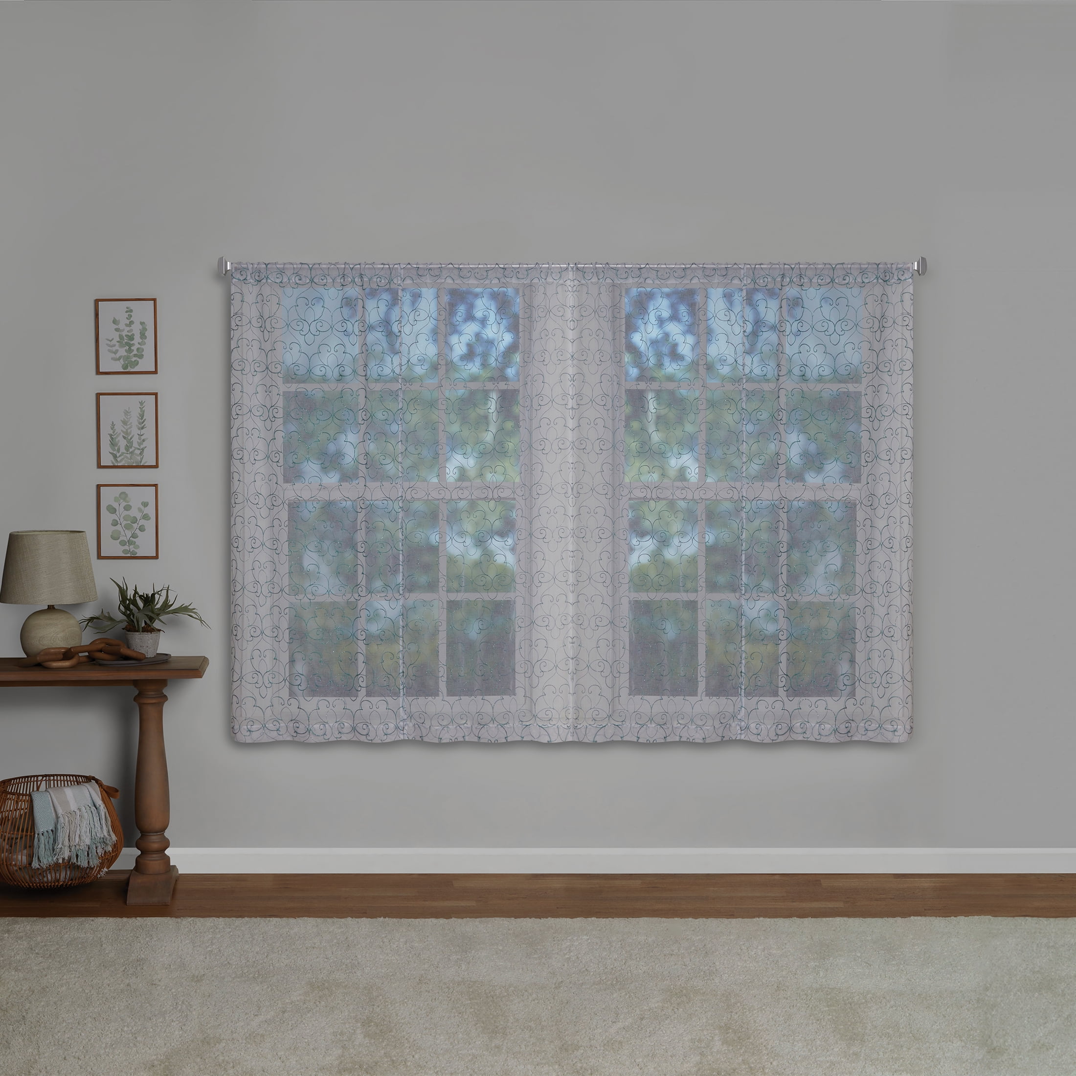 Mainstays Modern Scroll Rod Pocket Sheer Curtain Set, 4 Panels, Aqua, 28 in x 63 in