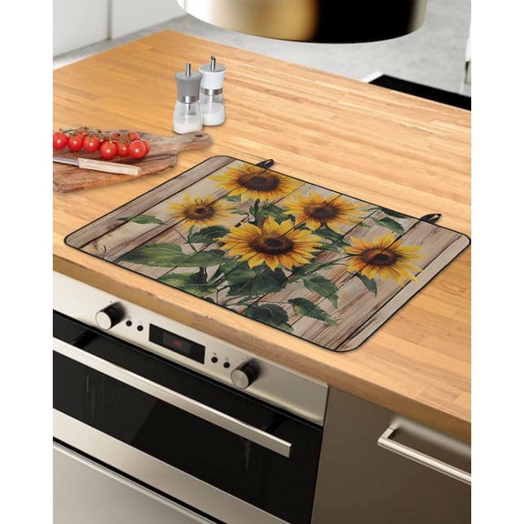 nqOlkjepod Large Induction Cooktop Protector Mat 24"x21", Wooden Sunflower Stove Top Covers for Electric Stove, Vintage Farmhouse Botanical Flowers Stove Burner Cover Mats, Glass Top Stove Cover