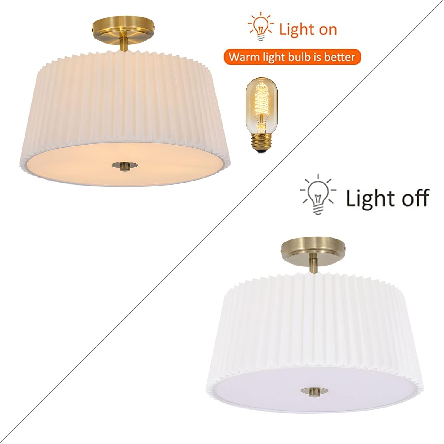 Miumaeov Semi Flush Mount Ceiling Light Fixture Gold Modern Close to Ceiling Lamp with White Fabric Shade  Farmhouse Brass Ceiling Light