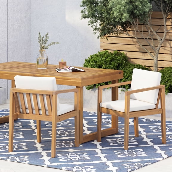 Outdoor Dining Chairs (Set of 2) with Acacia Wood Frame Light Teak Finish and Beige Cushions – for Outdoor