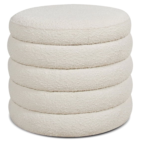 Fuji 22" Upholstered Boucle Round Storage Ottoman Ivory White