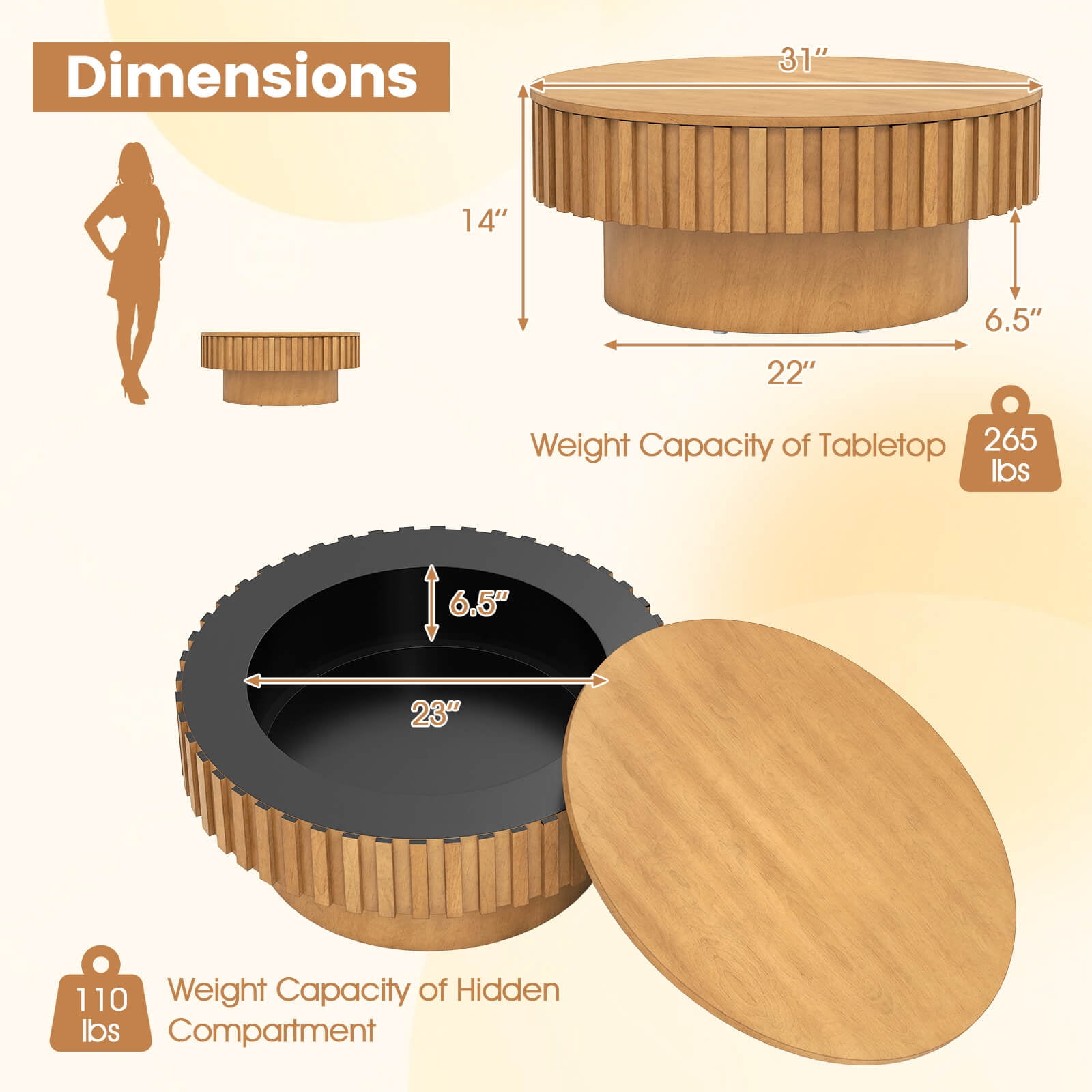 Costway Round Coffee Table with Storage, Wooden Drum Coffee Table with Hidden Compartment Natural