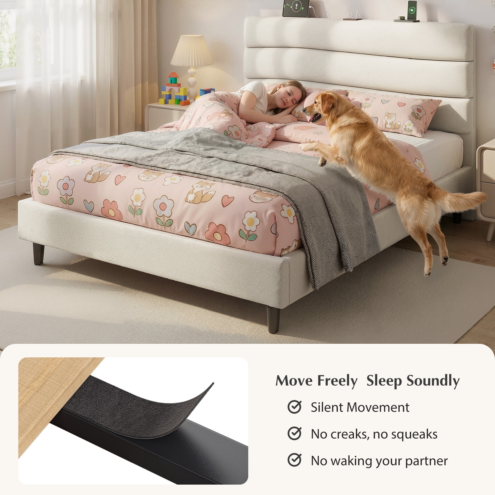EnHomee Full Bed Frame with Adjustable Headboard Upholstered Full Size Bed Frame with Charge Station & Storage, Beige, No Box Spring Needed, Noise Free