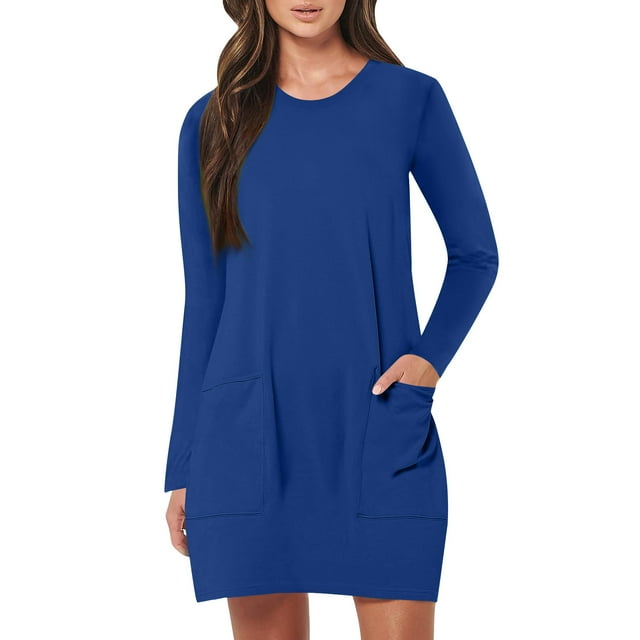 Robe Grande Taille pour Femmes 2025 Automne Été Tendance Décontractée Ample à Manches Longues à Col Rond Longueur Genou avec Poches