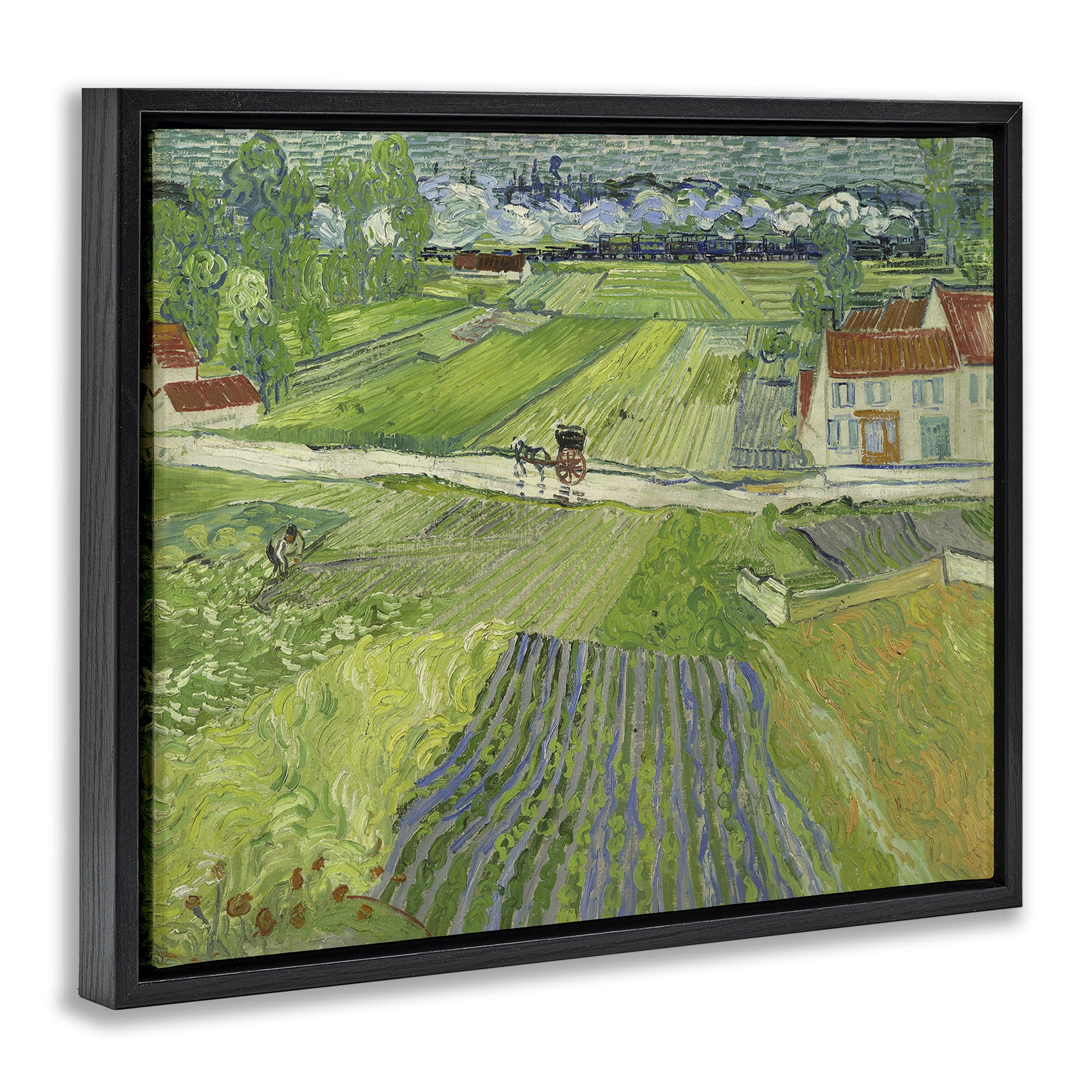 Stupell Industries Van Gogh Carriage & Train Landscape Landscape & Nature Painting Black Floater Framed Canvas Art Print Wall Art, 31 x 25