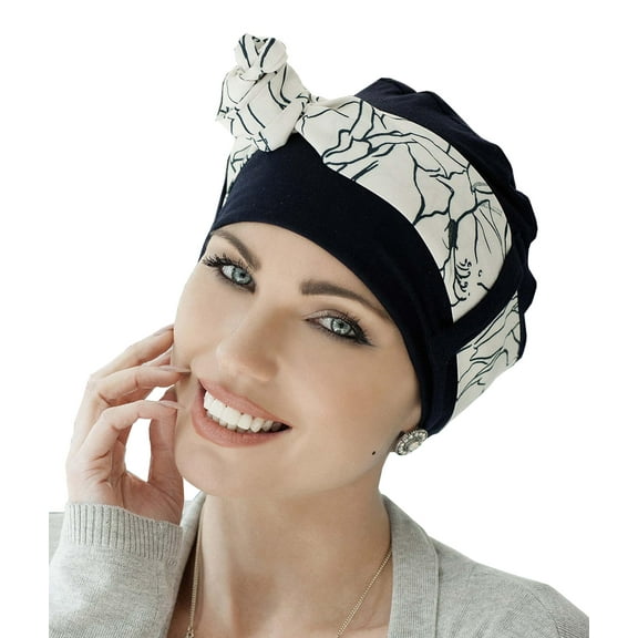 MASUMI Chemo Organic Headwear - YANNA Headscarf | Cancer Headwear for Women with Hair Loss | Alopecia Hats & Coverings | Turban | 95% Breathable Bamboo (Navy White Lillium)