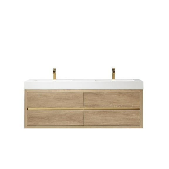 Vinnova  60M in. Palencia Double Sink Wall-Mount Bathroom Vanity, North American Oak with White Composite Integral Square Sink Top