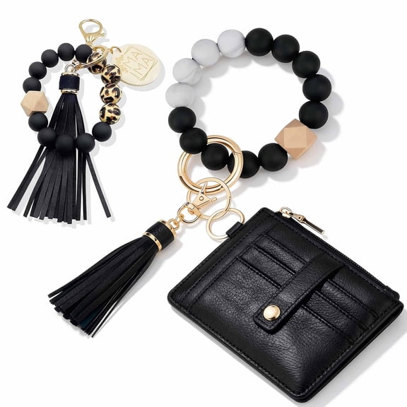 LAPTOM MAX 1 Pack Keychain Wallet for Women, Slim RFID Credit Card Holder Purse with Tassel & Bangle, Detachable Wristlet Wallet Keychain, Black