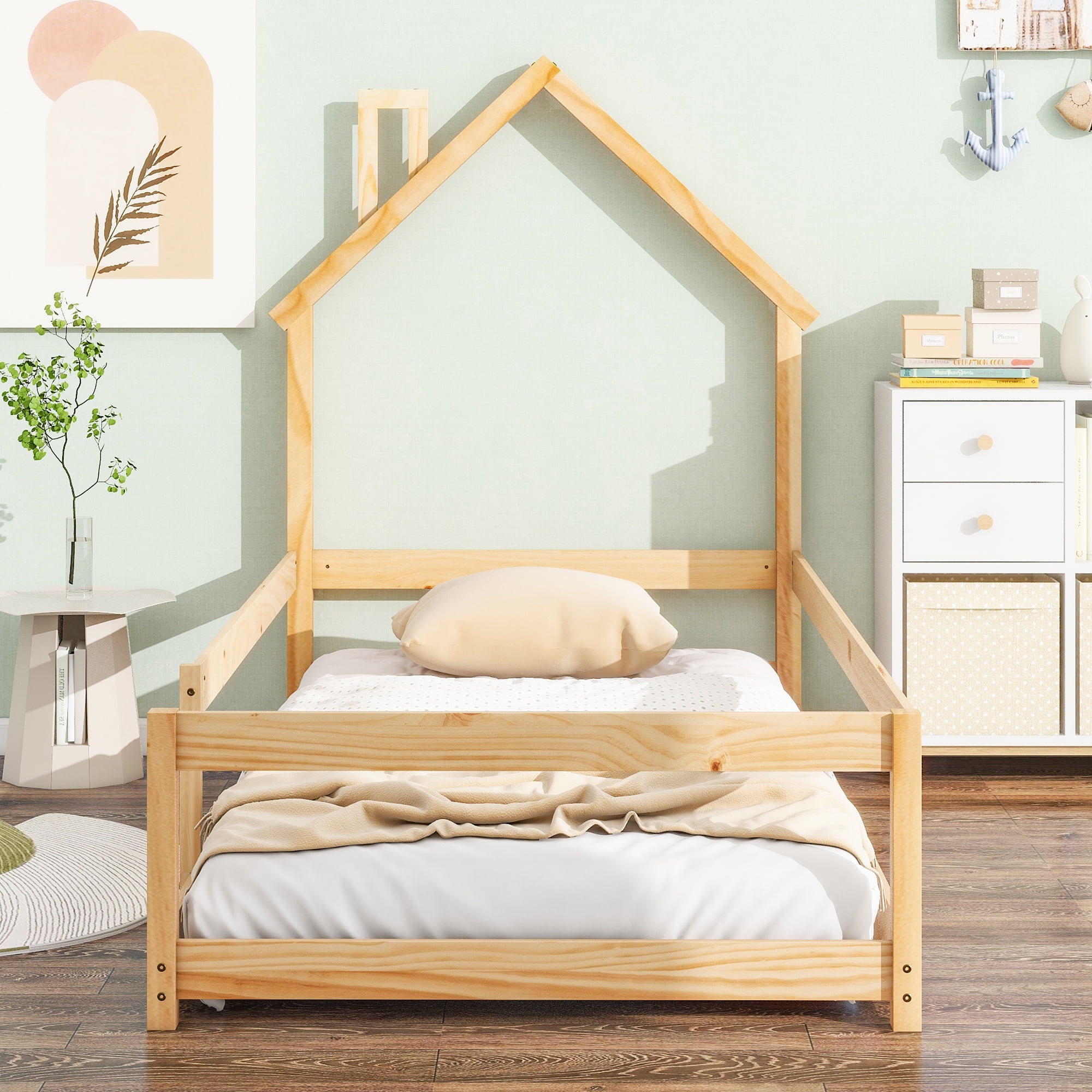 Euroco Wood Twin Size Daybed, House Floor Bed with Fence for Kids Bedroom, Natural