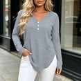 thumbnail image 2 of hoksml Women's V Neck Henley Long Sleeve T Shirt, 3 Button Front Curved Hem Casual Blouse, Loose Fit Basic Top Solid Colors, 2 of 6