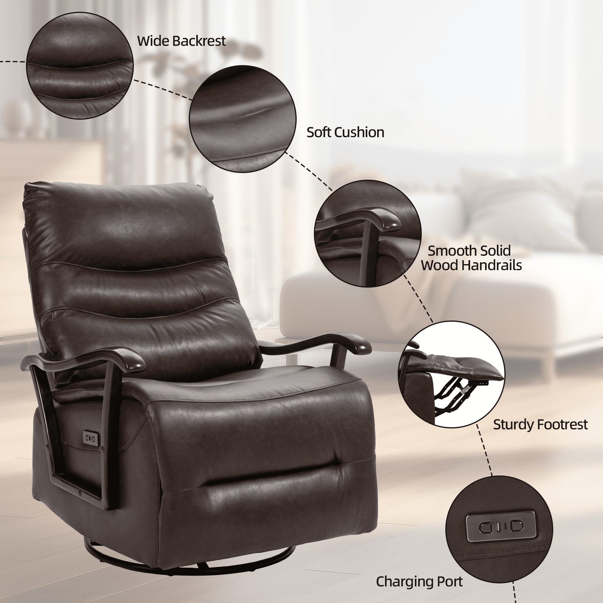 PORKISS Recliners Single Chairs with USB Port, Oversized Ergonomic Lounge Chair with Armrests, Brown