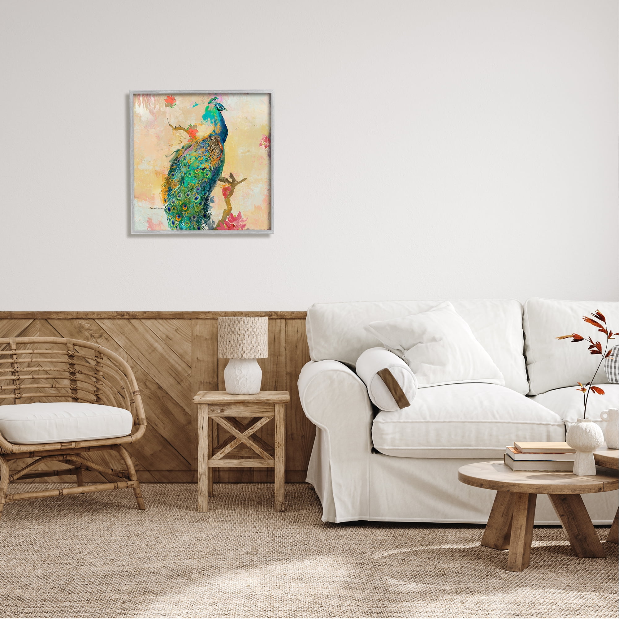 Stupell Modern Peacock Cherry Blossoms Animals & Insects Painting Gray Framed Art Print Wall Art