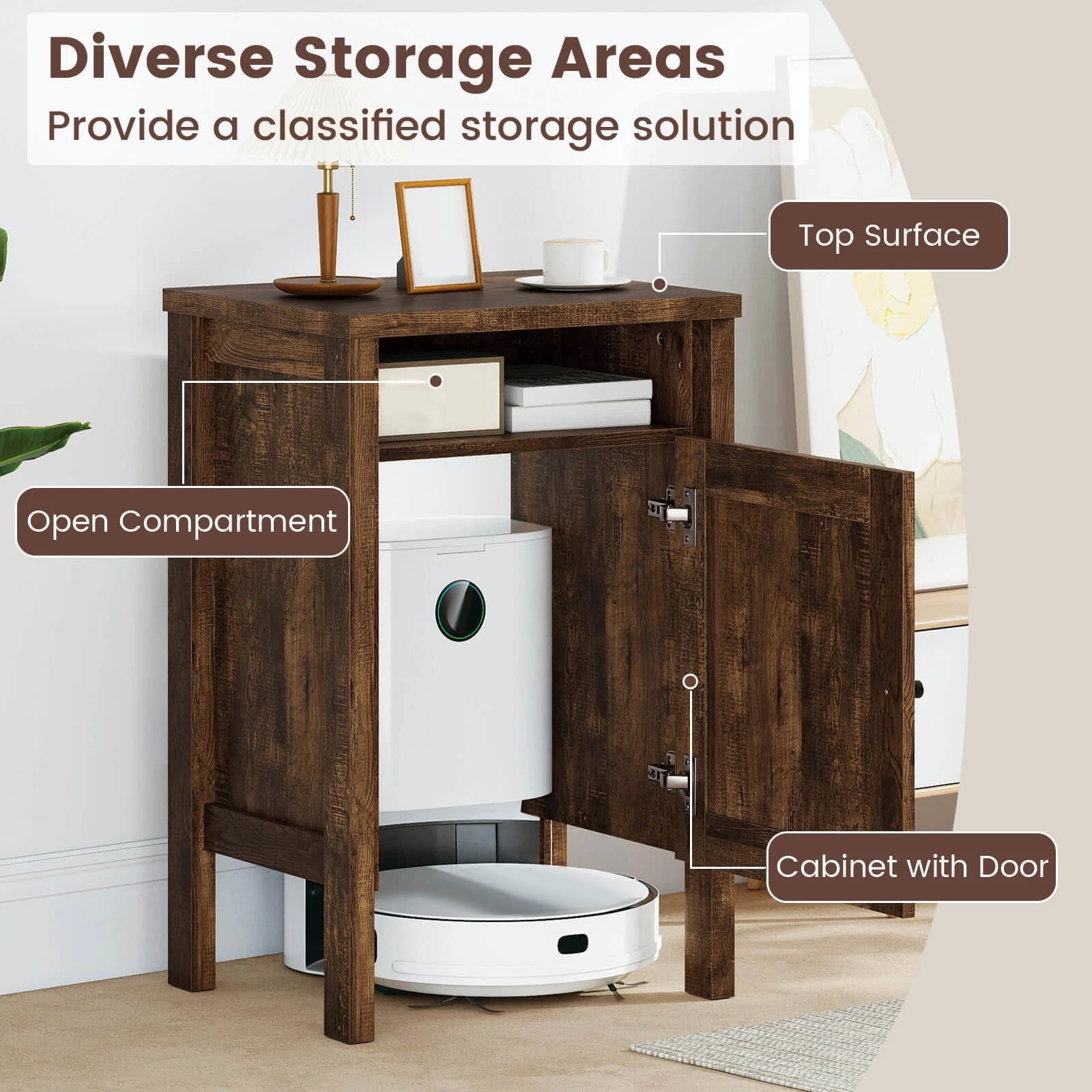 DRAZUNO Robot Vacuum Stand Cabinet with Door & Open Shelf for Home Office Living Room