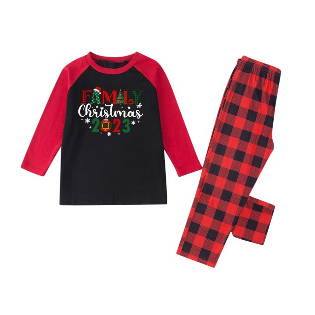 TIMIFIS Pyjamas de Noël Assortis pour la Famille Ensembles Garçons Filles Vêtements de Nuit Père Noël Renne avec Haut à Lettres et Pantalon à Carreaux Rouges Tenue de Détente des Fêtes de Noël