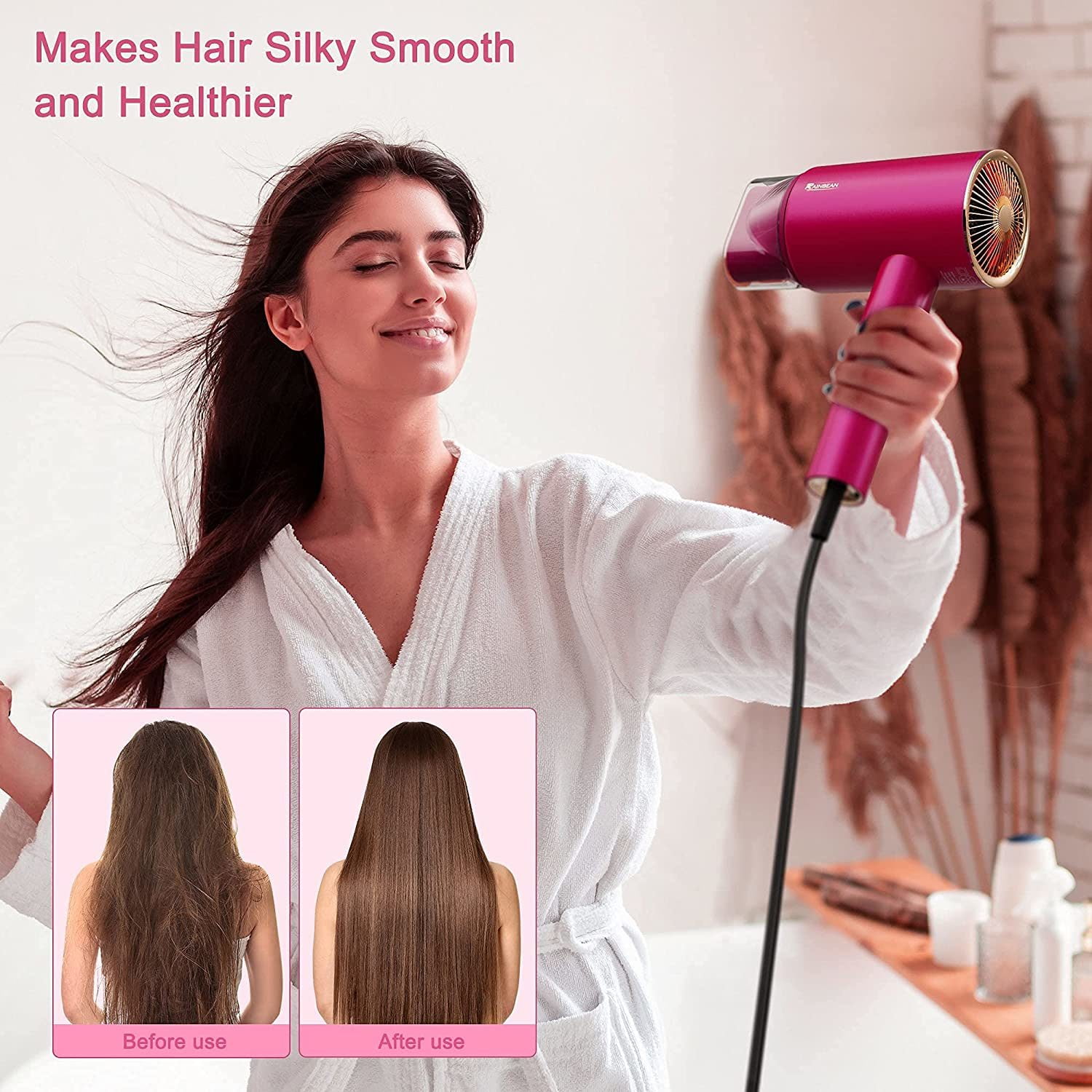 VIPMOON 1800W Water Ionic Hair Dryer, Blow Dryer with Magnetic Nozzle, 2 Speed and 3 Heat Settings, Powerful Low Noise Fast Drying Travel Hair Dryer for Home, Travel and Salon, Pink