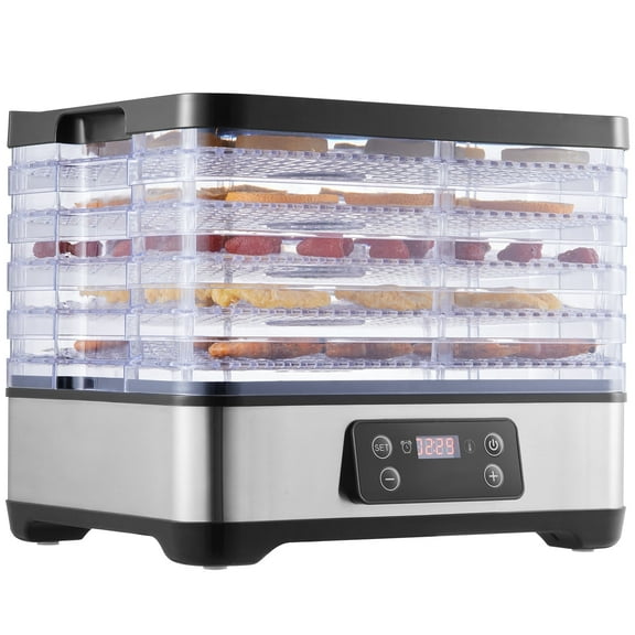 KFFKFF 5 Tray Food Dehydrator Machine features an adjustable timer and a powerful 300W motor, perfect for drying jerky and fruits.